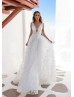 Ivory Floral Lace Tulle U Back Sparkling Wedding Dress